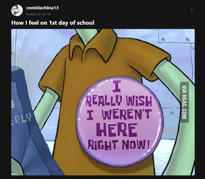 comidachina13 Posted 20 Jul 14 How I feel on 1st day of school ERLY I REALLY WISH I WEREN'T HERE RIGHT NOW! VIA 9GAG.COM