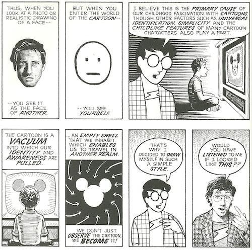 A page from Scout McCloud's "Understanding Comics." It explains how readers can better project themselves on simple cartoon designs, rather than realistic ones.
