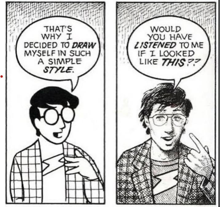 Two panels from Scott MccCloud's "Understanding Comics." They are part of an explanation on simple character design vs. realistic regarding comic books.
