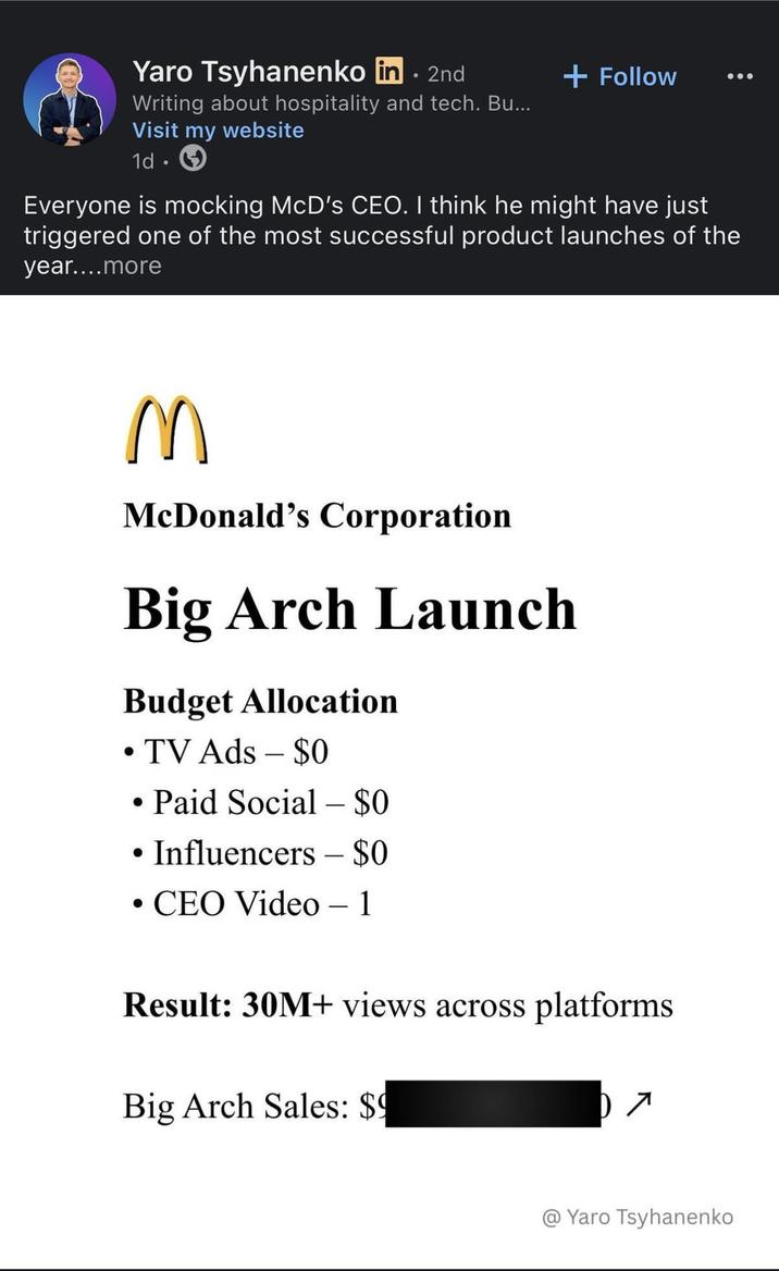 Yaro Tsyhanenko in ⚫ 2nd Writing about hospitality and tech. Bu... Visit my website 1d. + Follow Everyone is mocking McD's CEO. I think he might have just triggered one of the most successful product launches of the year....more M McDonald's Corporation Big Arch Launch Budget Allocation • TV Ads - $0 • Paid Social - $0 • Influencers - $0 • CEO Video - 1 Result: 30M+ views across platforms Big Arch Sales: $9 @Yaro Tsyhanenko