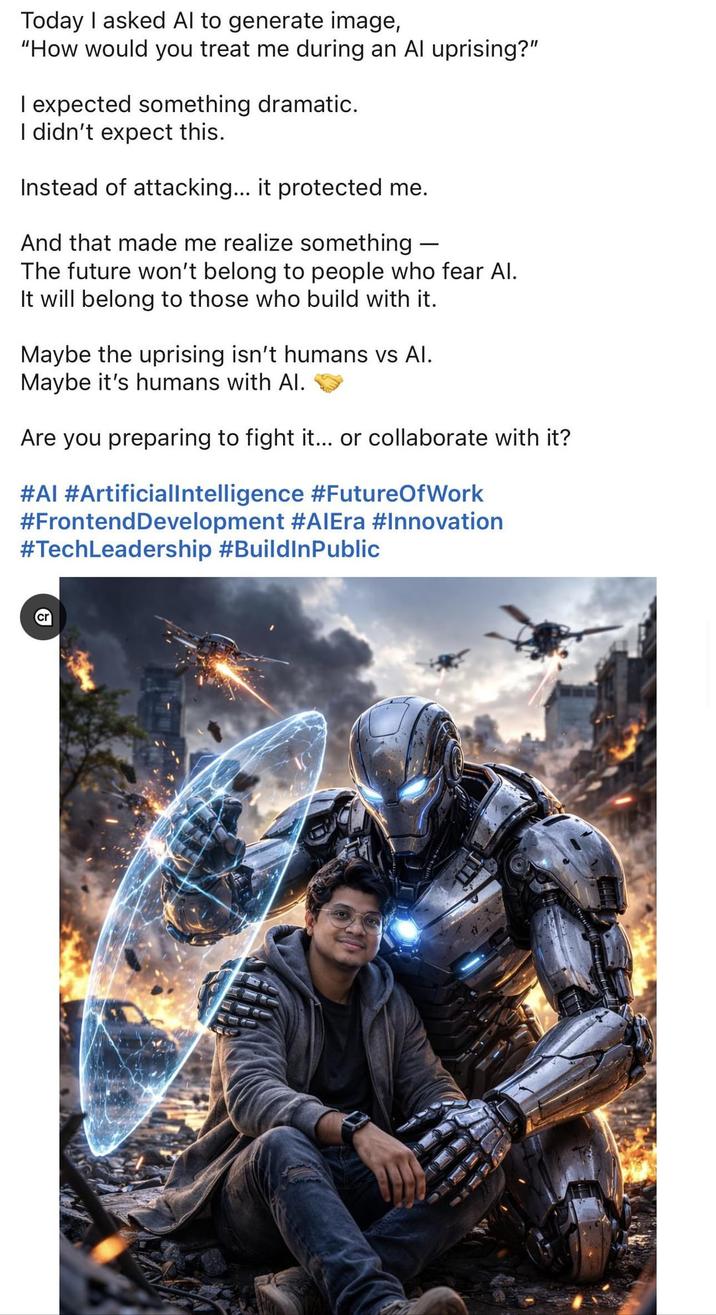 Today I asked Al to generate image, "How would you treat me during an Al uprising?" I expected something dramatic. I didn't expect this. Instead of attacking... it protected me. And that made me realize something — The future won't belong to people who fear Al. It will belong to those who build with it. Maybe the uprising isn't humans vs Al. Maybe it's humans with Al. Are you preparing to fight it... or collaborate with it? #AI #Artificiallntelligence #FutureOfWork #Frontend Development #AIEra #Innovation #TechLeadership #BuildInPublic cr