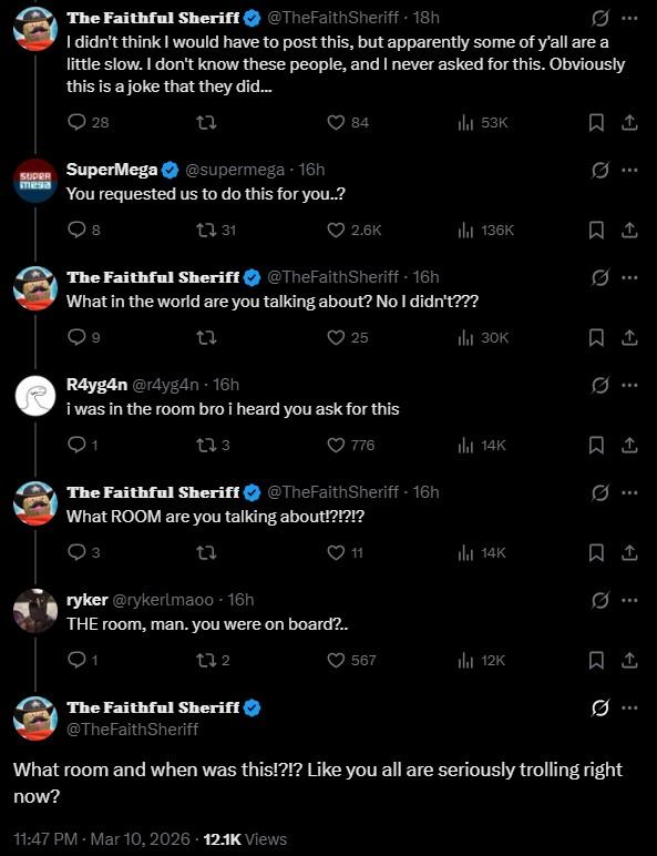 A comment thread left under a SuperMega tweet. In the thread, the Faithful Sheriff denies commissioning them to make him a meme edit where his peanutsona has a visible weiner.