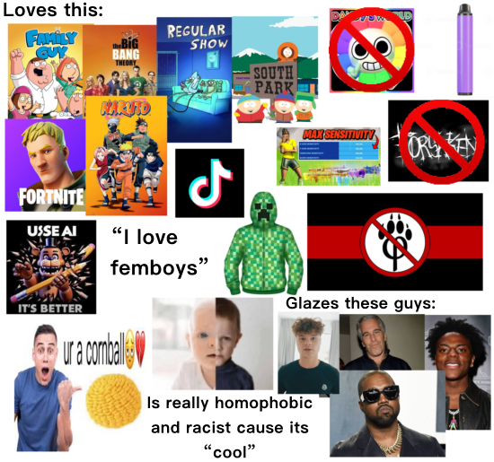 Loves this: FAMILY GUY THEORY BIG REGULAR SHOW BANG BARUTO ل FORTNITE USSE AI "I love femboys" SOUTH PARK MAX SENSITIVITY ORG KEN Glazes these guys: IT'S BETTER ura comball Is really homophobic and racist cause its "cool"