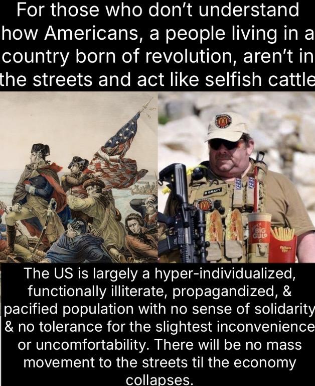 For those who don't understand how Americans, a people living in a country born of revolution, aren't in the streets and act like selfish cattle M GRAVY M BIG GULD FENC The US is largely a hyper-individualized, functionally illiterate, propagandized, & pacified population with no sense of solidarity & no tolerance for the slightest inconvenience or uncomfortability. There will be no mass movement to the streets til the economy collapses.