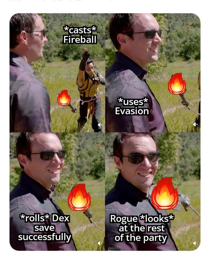 *casts* Fireball *uses* Evasion *rolls* Dex save successfully Rogue *looks* at the rest of the party