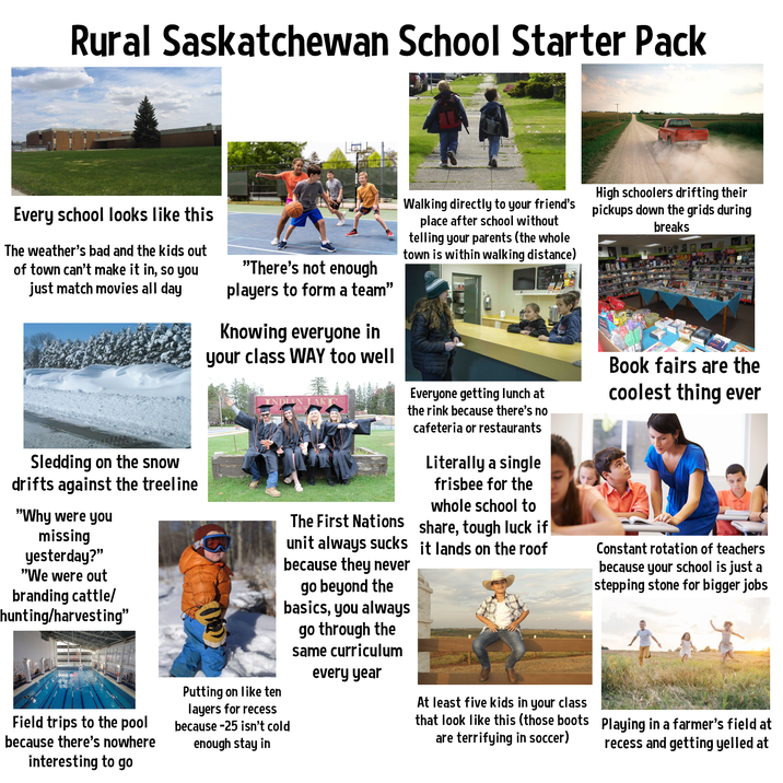 Rural Saskatchewan School Starter Pack Every school looks like this The weather's bad and the kids out of town can't make it in, so you just match movies all day Sledding on the snow drifts against the treeline "Why were you missing yesterday?" "We were out branding cattle/ hunting/harvesting" Field trips to the pool because there's nowhere interesting to go "There's not enough players to form a team” Knowing everyone in your class WAY too well INDIAN LAK Putting on like ten layers for recess because -25 isn't cold enough stay in RAL Walking directly to your friend's place after school without telling your parents (the whole town is within walking distance) The First Nations unit always sucks because they never go beyond the basics, you always go through the same curriculum every year Everyone getting lunch at the rink because there's no cafeteria or restaurants Literally a single frisbee for the whole school to share, tough luck if it lands on the roof At least five kids in your class that look like this (those boots are terrifying in soccer) High schoolers drifting their pickups down the grids during breaks Book fairs are the coolest thing ever Constant rotation of teachers because your school is just a stepping stone for bigger jobs Playing in a farmer's field at recess and getting yelled at