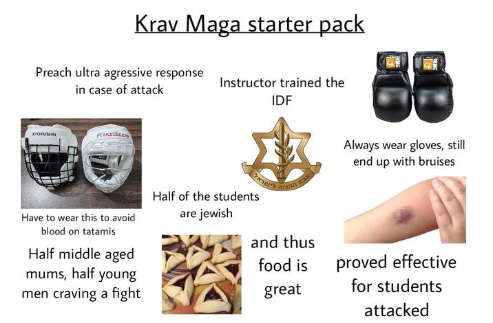 Krav Maga starter pack Preach ultra agressive response Instructor trained the KYOKUSHIN in case of attack IDF צבא ההגנה לישראל and thus Have to wear this to avoid blood on tatamis Half middle aged mums, half young men craving a fight Half of the students are jewish food is great Always wear gloves, still end up with bruises proved effective for students attacked
