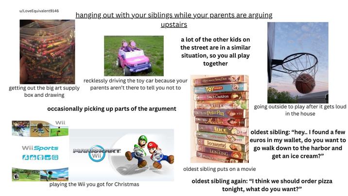 u/LoveEquivalent9146 hanging out with your siblings while your parents are arguing upstairs a lot of the other kids on the street are in a similar situation, so you all play together getting out the big art supply box and drawing recklessly driving the toy car because your parents aren't there to tell you not to Day's HUNCHBACK NOTRE DAME STORY TOY STO Black Cauldron Bambi Peter Pan Where Aladdin going outside to play after it gets loud in the house occasionally picking up parts of the argument Wii Wii Sports 60900 MARIOKART Wii playing the Wii you got for Christmas ALICE WONDERLAND ROBIN HOOD POCAHONTAS LION KING PRINCE EGYPT 口香 oldest sibling: "hey.. I found a few euros in my wallet, do you want to go walk down to the harbor and get an ice cream?" oldest sibling puts on a movie oldest sibling again: "I think we should order pizza tonight, what do you want?"