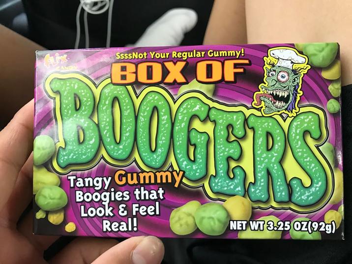 ANDY SsssNot Your Regular Gummy! BOX OF BOOGERS Tangy Gummy Boogies that Look & Feel Real! NET WT 3.25 OZ(92g)
