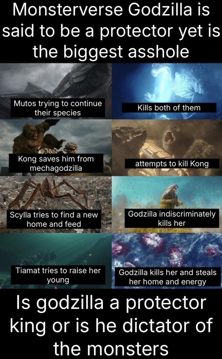 Monsterverse Godzilla is said to be a protector yet is the biggest a------ Mutos trying to continue their species Kong saves him from mechagodzilla Scylla tries to find a new home and feed Kills both of them attempts to kill Kong Godzilla indiscriminately kills her Tiamat tries to raise her young Godzilla kills her and steals her home and energy Is godzilla a protector king or is he dictator of the monsters