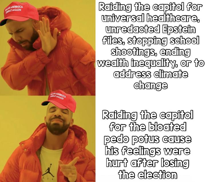 MAKE AMERICA GREAT AGAIN MAKRAMERICA GREAT AGAIN R Raiding the capitol for universal healthcare, unredacted Epstein files, stopping school shootings, ending wealth inequality, or to address climate change Raiding the capitol for the bloated p--- potus cause his feelings were hurt after losing the election