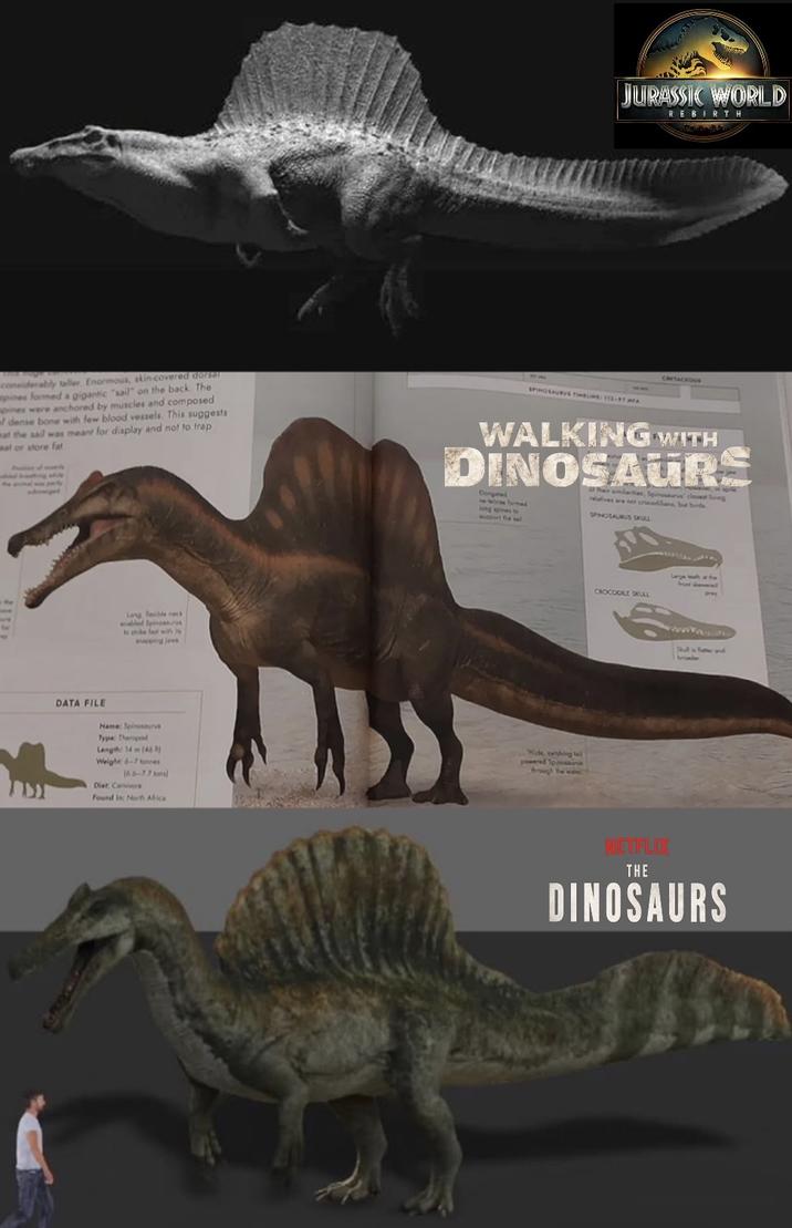 considerably taller. Enormous, skin covered dorsan pines formed a gigantic "sail" on the back. The pines were anchored by muscles and composed f dense bone with few blood vessels. This suggests mat the sail was meant for display and not to trap wat or store fat Long ble nack enabled Spinca ake fast with is napping jaws JURASSIC WORLD REBIRTH CRETACIOUS SPINOSAURUS TIMELINE: 113-97 MA WALKING WITH DINOSAURS Clongeed wwwe formed long spines to support the s their simlates, Spinosaurus closet ling relatives are not oocolans, but binds SPINOSAURUS SKULL DATA FILE Name: Spinosau Type: Dapod Length: 14m (45) Weight 6-7 (6-77 sons) Diet Carnivore Found in North Africa Wide, swishing powered Sposia rough the wa CROCODILE SKULL www. Stat is Sater and NETFLIX THE DINOSAURS
