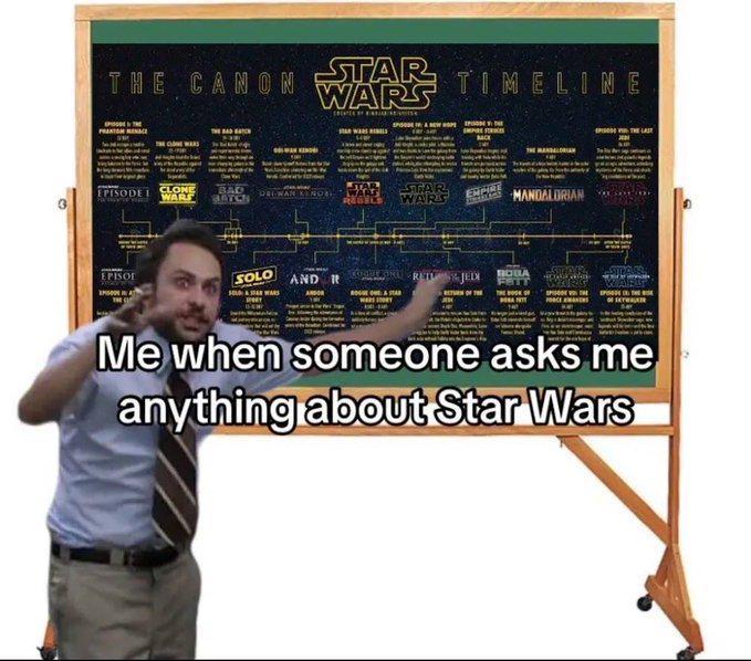 THE CANON STAR WARS TIMELINE PRAKTOM MENACE THEADACH BACK EPISODE 1 WARS CLONE BAD BOTCH WARS REBELS STAR WARS EMPIRE MANDALORIAN EPISOF SOLO AND R JEDI ANDOR BOLA FETT THE BOOK STAR STASS Me when someone asks me anything about Star Wars