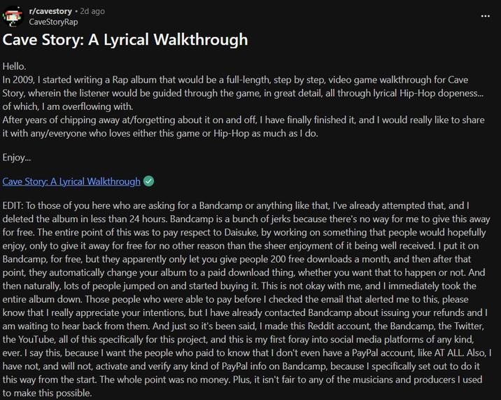 A Reddit post announcing the Cave Story rap album.