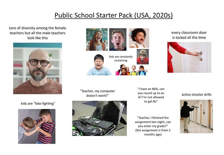 Public School Starter Pack (USA, 2020s) tons of diversity among the female teachers but all the male teachers look like this kids are "fake fighting" kids are constantly screaming "Teacher, my computer doesn't work!" "I have an 86%, can you round up to an A? I'm not allowed to get Bs" "Teacher, I finished the assignment last night, can you enter my grade?" (the assignment is from 2 months ago) every classroom door is locked all the time active shooter drills