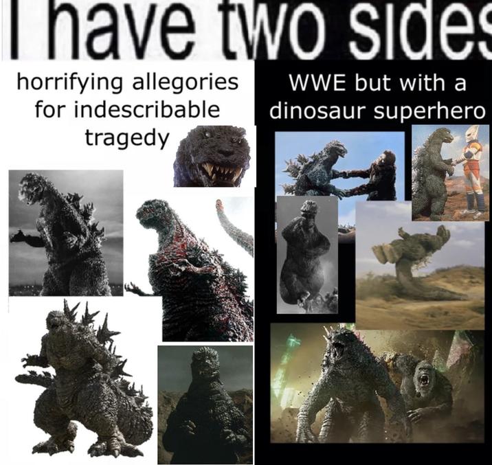 I have two sides horrifying allegories for indescribable tragedy WWE but with a dinosaur superhero