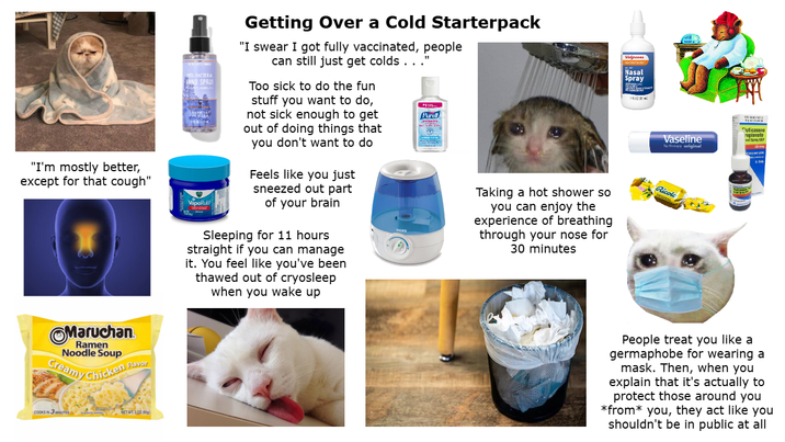 "I'm mostly better, except for that cough" Maruchan Ramen Noodle Soup Creamy Chicken Flavor COOKS IN 3 MINUTES NET WT. 102 (85 Vaseline fe they original luticasone ropionate sal Saray USP HAND SPRAY VapoRub Getting Over a Cold Starterpack "I swear I got fully vaccinated, people can still just get colds . . ." Too sick to do the fun stuff you want to do, not sick enough to get out of doing things that you don't want to do Feels like you just sneezed out part of your brain Sleeping for 11 hours straight if you can manage it. You feel like you've been thawed out of cryosleep when you wake up VICKS Purell Wh Nasal Spray 程 Taking a hot shower so you can enjoy the experience of breathing through your nose for 30 minutes Ricole People treat you like a germaphobe for wearing a mask. Then, when you explain that it's actually to protect those around you *from you, they act like you shouldn't be in public at all