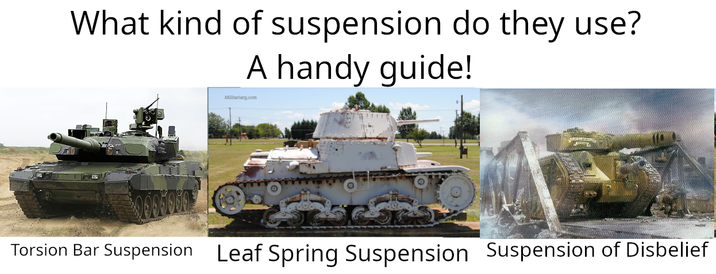 What kind of suspension do they use? A handy guide! Militariarg.com Torsion Bar Suspension Leaf Spring Suspension Suspension of Disbelief