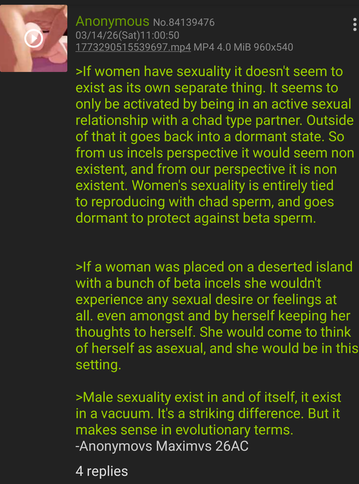 Anonymous No.84139476 03/14/26(Sat)11:00:50 1773290515539697.mp4 MP4 4.0 MiB 960x540 >If women have sexuality it doesn't seem to exist as its own separate thing. It seems to only be activated by being in an active sexual relationship with a chad type partner. Outside of that it goes back into a dormant state. So from us incels perspective it would seem non existent, and from our perspective it is non existent. Women's sexuality is entirely tied to reproducing with chad sperm, and goes dormant to protect against beta sperm. >If a woman was placed on a deserted island with a bunch of beta incels she wouldn't experience any sexual desire or feelings at all. even amongst and by herself keeping her thoughts to herself. She would come to think of herself as asexual, and she would be in this setting. >Male sexuality exist in and of itself, it exist in a vacuum. It's a striking difference. But it makes sense in evolutionary terms. -Anonymovs Maximvs 26AC 4 replies