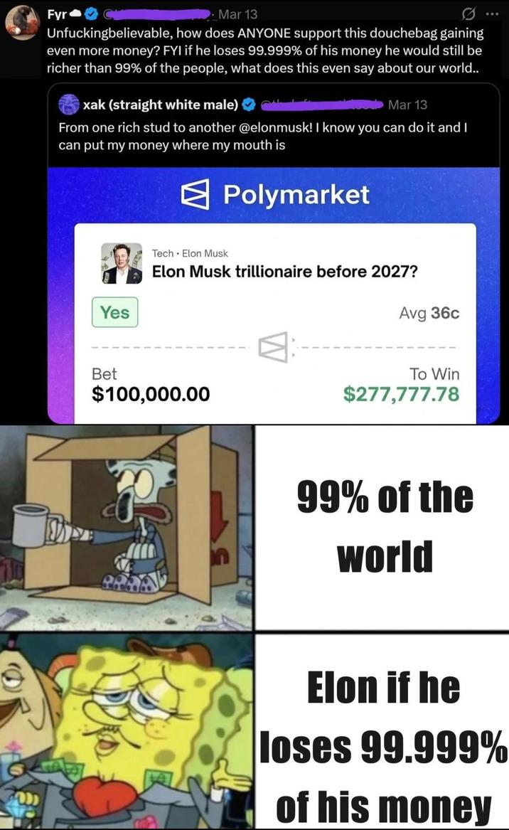 Fyr . Mar 13 Unfuckingbelievable, how does ANYONE support this douchebag gaining even more money? FYI if he loses 99.999% of his money he would still be richer than 99% of the people, what does this even say about our world.. xak (straight white male) Mar 13 From one rich stud to another @elonmusk! I know you can do it and I can put my money where my mouth is Polymarket Yes Tech Elon Musk Elon Musk trillionaire before 2027? Bet $100,000.00 Avg 36c To Win $277,777.78 99% of the world Elon if he loses 99.999% of his money