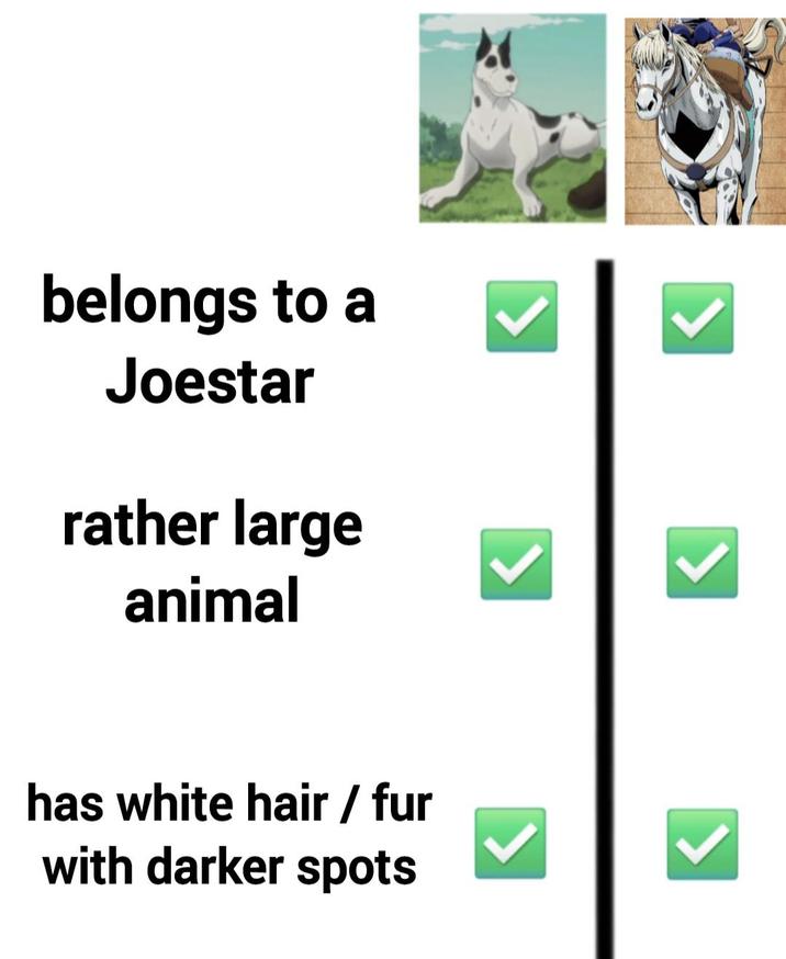 belongs to a Joestar rather large animal has white hair / fur with darker spots >