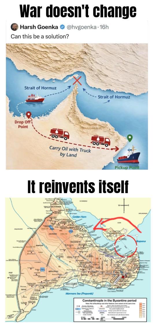 War doesn't change Harsh Goenka @hvgoenka 16h Can this be a solution? Strait of Hormuz Drop Off Point Carry Oil with Truck by Land Strait of Hormuz Pickup Point It reinvents itself - Golden Hom Marmara Sea (Propont) Constantinople in the Byzantine period oporta