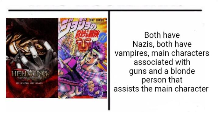 HELLSING HELLSING ULTIMATE JUMP COMICS 奇妙冒険 Both have Nazis, both have vampires, main characters associated with guns and a blonde person that assists the main character