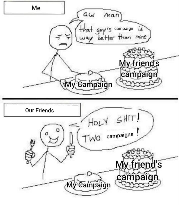 Me 33 Man that guy's campaigns Our Friends way better than mine My friend's campaign My Campaign w H--------! TWO campaigns ! My Campaign My friend's campaign