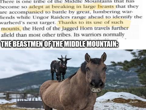 There is one tribe of the Middle Mountains that has become so adept at breaking in large beasts that they are accompanied to battle by great, lumbering war- fiends while Ungor Raiders range ahead to identify the warherd's next target. Thanks to its use of such mounts, the Herd of the Jagged Horn travels further afield than most other tribes. Its warriors normally THE BEASTMEN OF THE MIDDLE MOUNTAIN: Imgflip.com