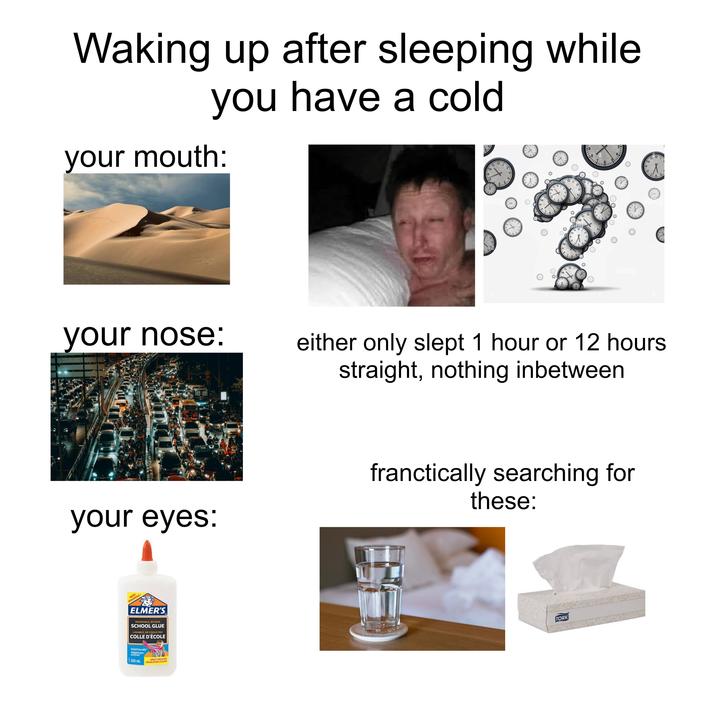 Waking up after sleeping while you have a cold your mouth: your nose: your eyes: NEW! NOUVEAU! ELMER'S WASHABLE, NO RUN SCHOOL GLUE LAVABLE, NE COULE PAS COLLE D'ÉCOLE Child friendly Adapté aux enfants GREAT FOR SLIVE 225 mL GENIAL POUR LE SLIME 8 10 12 www ' alamu S 5 4 10 12 10 33 1 11 12 10 -9 10 3 43 " alamu either only slept 1 hour or 12 hours straight, nothing inbetween franctically searching for these: TORK