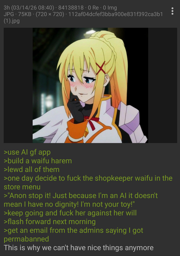 . 3h (03/14/26 08:40) 84138818 - O Re - 0 Img JPG 75KB (720 × 720) · 112af04dcfef3bba900e831f392ca3b1 (1).jpg >use Al gf app >build a waifu harem >lewd all of them >one day decide to f--- the shopkeeper waifu in the store menu >"Anon stop it! Just because I'm an Al it doesn't mean I have no dignity! I'm not your toy!" >keep going and f--- her against her will >flash forward next morning >get an email from the admins saying I got permabanned This is why we can't have nice things anymore