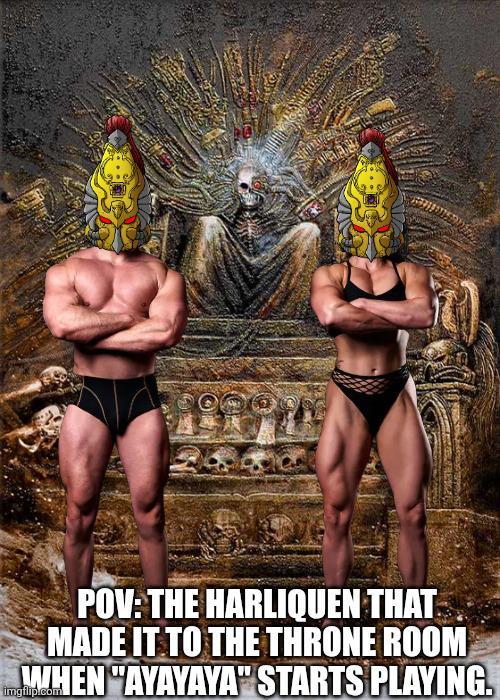 POV: THE HARLIQUEN THAT MADE IT TO THE THRONE ROOM WHEN "AYAYAYA" STARTS PLAYING. imgflip.com