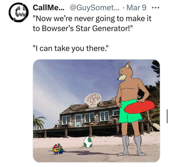 • CallMe... @GuySomet... Mar 9 "Now we're never going to make it to Bowser's Star Generator!" "I can take you there." SHELL CITY Mari