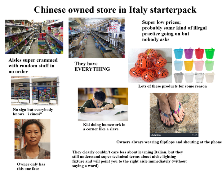 Chinese owned store in Italy starterpack Super low prices; probably some kind of illegal practice going on but nobody asks Aisles super crammed with random stuff in no order They have EVERYTHING No sign but everybody knows "i cinesi" Kid doing homework in a corner like a slave Lots of these products for some reason Owner only has this one face shutterstock Owners always wearing flipflops and shouting at the phone They clearly couldn't care less about learning Italian, but they still understand super technical terms about niche lighting fixture and will point you to the right aisle immediately (without saying a word)
