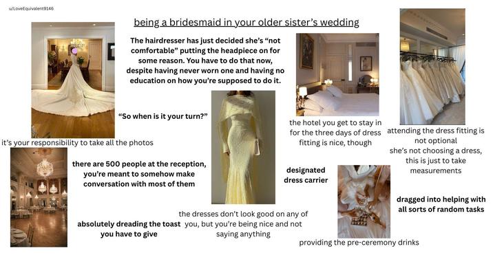 u/LoveEquivalent9146 being a bridesmaid in your older sister's wedding The hairdresser has just decided she's "not comfortable" putting the headpiece on for some reason. You have to do that now, despite having never worn one and having no education on how you're supposed to do it. "So when is it your turn?" it's your responsibility to take all the photos there are 500 people at the reception, you're meant to somehow make conversation with most of them the hotel you get to stay in for the three days of dress fitting is nice, though designated attending the dress fitting is not optional she's not choosing a dress, this is just to take measurements dress carrier the dresses don't look good on any of absolutely dreading the toast you, but you're being nice and not you have to give saying anything dragged into helping with all sorts of random tasks providing the pre-ceremony drinks