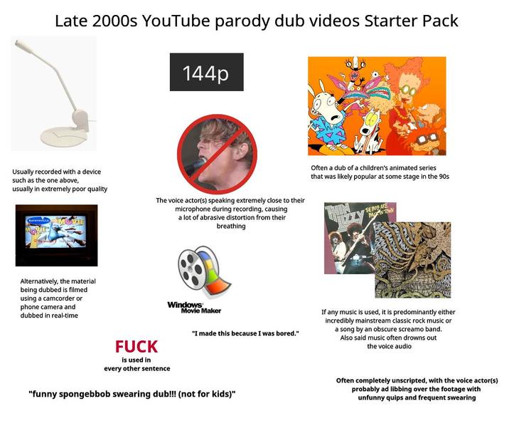 Late 2000s YouTube parody dub videos Starter Pack 144p Usually recorded with a device such as the one above, usually in extremely poor quality The voice actor(s) speaking extremely close to their microphone during recording, causing a lot of abrasive distortion from their breathing Alternatively, the material being dubbed is filmed using a camcorder or phone camera and dubbed in real-time F--- is used in every other sentence Windows Movie Maker Often a dub of a children's animated series that was likely popular at some stage in the 90s THE BOYS ARE BACK IN TOWN "I made this because I was bored." If any music is used, it is predominantly either incredibly mainstream classic rock music or a song by an obscure screamo band. Also said music often drowns out the voice audio "funny spongebbob swearing dub!!! (not for kids)" Often completely unscripted, with the voice actor(s) probably ad libbing over the footage with unfunny quips and frequent swearing