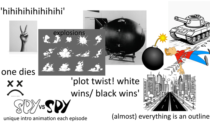 'hihihihihihihihi' explosions 0 0 0 I 0000 one dies ✓ ✓ shutterstock.com .532084705 SPY VS SPY 'plot twist! white wins/ black wins' unique intro animation each episode (almost) everything is an outline