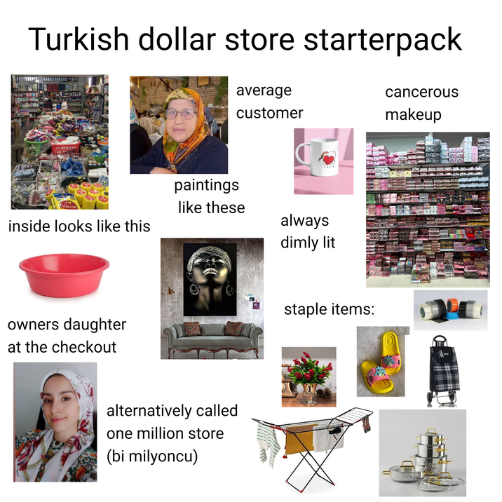 Turkish dollar store starterpack ECO average cancerous customer makeup paintings like these inside looks like this owners daughter at the checkout alternatively called one million store (bi milyoncu) always dimly lit staple items: wwwwwww M