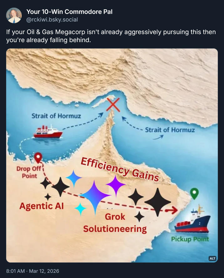 Your 10-Win Commodore Pal @rckiwi.bsky.social If your Oil & Gas Megacorp isn't already aggressively pursuing this then you're already falling behind. Strait of Hormuz Strait of Hormuz Drop Off Point Efficiency Gains Agentic Al Grok Solutioneering 8:01 AM Mar 12, 2026 Pickup Point ALT