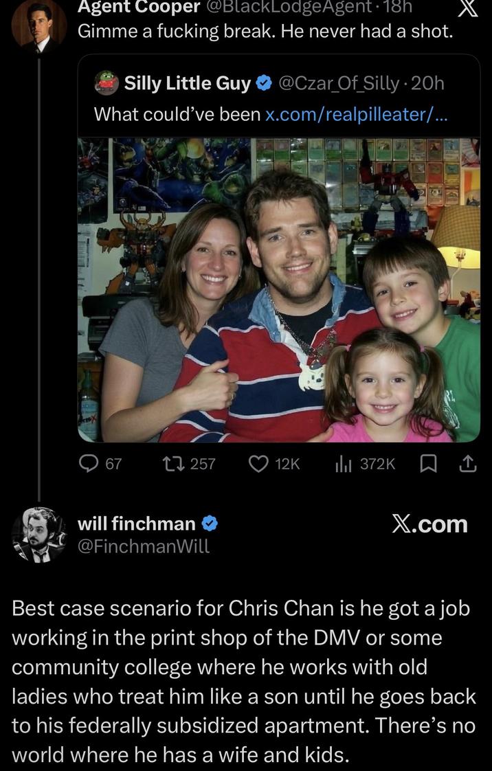 Agent Cooper @BlackLodgeAgent 18h Gimme a f------ break. He never had a shot. Silly Little Guy @Czar_Of_Silly - 20h What could've been x.com/realpilleater/... 67 17257 12K Ilil 372K ↑ will finchman @FinchmanWill X.com Best case scenario for Chris Chan is he got a job working in the print shop of the DMV or some community college where he works with old ladies who treat him like a son until he goes back to his federally subsidized apartment. There's no world where he has a wife and kids.