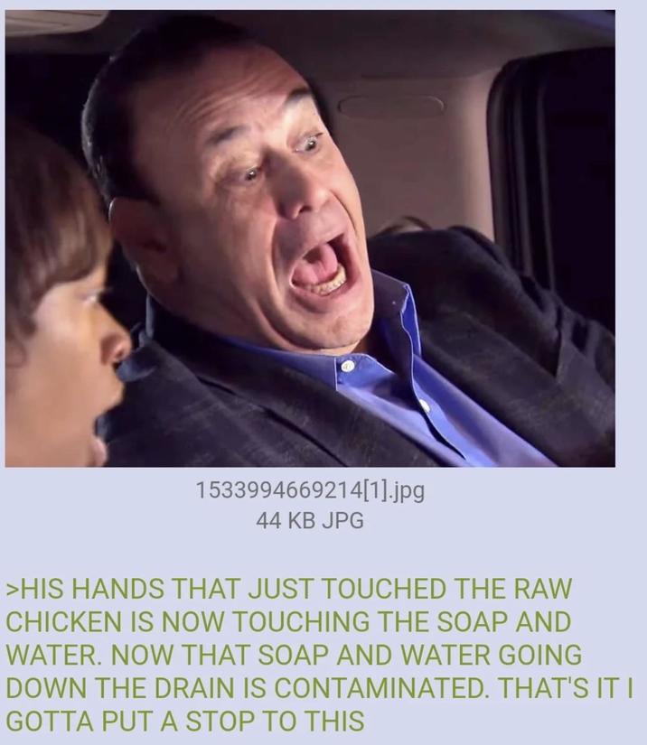 1533994669214[1].jpg 44 KB JPG >HIS HANDS THAT JUST TOUCHED THE RAW CHICKEN IS NOW TOUCHING THE SOAP AND WATER. NOW THAT SOAP AND WATER GOING DOWN THE DRAIN IS CONTAMINATED. THAT'S IT I GOTTA PUT A STOP TO THIS