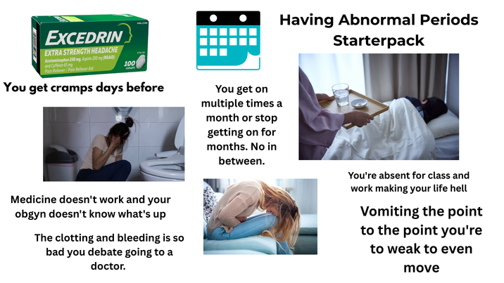 HALEON EXCEDRIN EXTRA STRENGTH HEADACHE Acetaminophen 250 mg, Aspirin 250 mg (NSAID) and Caffeine 65 mg Pain Reliever/Pain Reliever Aid 100 CAPLETS You get cramps days before You get on multiple times a Medicine doesn't work and your obgyn doesn't know what's up The clotting and bleeding is so bad you debate going to a doctor. month or stop getting on for months. No in between. Having Abnormal Periods Starterpack You're absent for class and work making your life hell Vomiting the point to the point you're to weak to even move