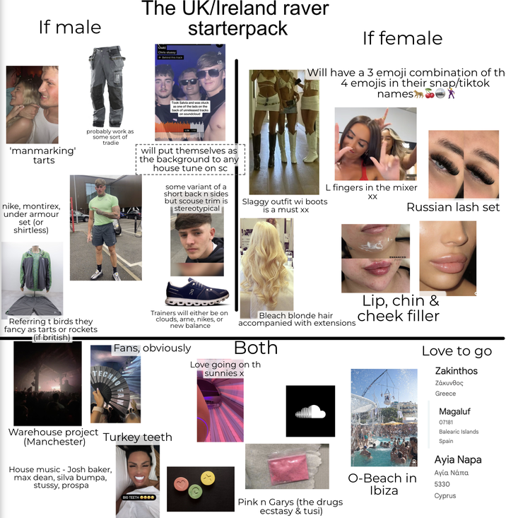 If male The UK/Ireland raver Club) Chris stussy Behind this track starterpack If female Will have a 3 emoji combination of th 4 emojis in their snap/tiktok namest Took Salvia and was stuck as one of the lads on the back of unreleased tracks on soundcloud 'manmarking' tarts nike, montirex, under armour set (or shirtless) probably work as some sort of tradie will put themselves as the background to any house tune on sc some variant of a short back n sides but scouse trim is stereotypical Slaggy outfit wi boots is a must xx L fingers in the mixer XX ENHANCED faces Russian lash set Referring t birds they fancy as tarts or rockets (if british) Trainers will either be on clouds, arne, nikes, or new balance Fans, obviously Warehouse project (Manchester) Turkey teeth House music - Josh baker, max dean, silva bumpa, stussy, prospa Bleach blonde hair accompanied with extensions Both Love going on th sunnies x Lip, chin & cheek filler O-Beach in Ibiza BIG TEETH 00 Pink n Garys (the drugs ecstasy & tusi) Love to go Zakinthos Ζάκυνθος Greece Magaluf 07181 Balearic Islands Spain Ayia Napa Αγία Νάπα 5330 Cyprus