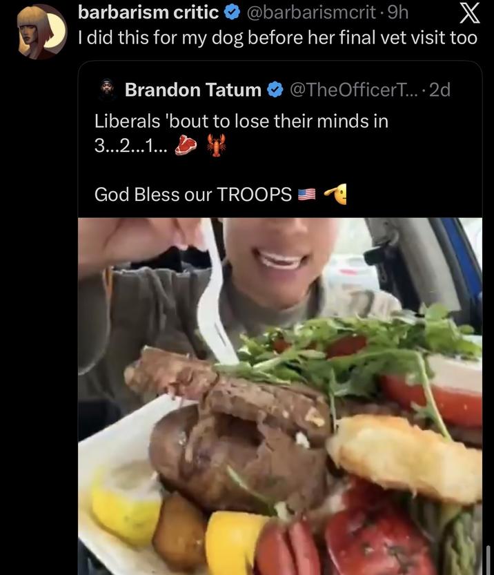 barbarism critic @barbarismcrit. 9h X I did this for my dog before her final vet visit too Brandon Tatum @TheOfficerT....2d Liberals 'bout to lose their minds in 3...2...1... God Bless our TROOPS