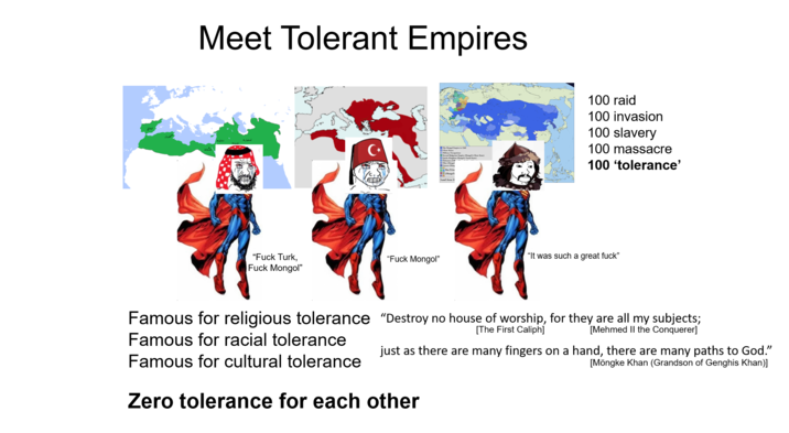 Meet Tolerant Empires The Mongol Empire in 1240 Selen Empire Mergel's C Qhe Kingdom (Mg) Gorges Dang 100 raid 100 invasion 100 slavery 100 massacre 100 'tolerance' Land Area: 2 "It was such a great f---" "F--- Turk, F--- Mongol" "F--- Mongol" Famous for religious tolerance “Destroy no house of worship, for they are all my subjects; Famous for racial tolerance Famous for cultural tolerance [The First Caliph] [Mehmed II the Conquerer] just as there are many fingers on a hand, there are many paths to God." [Möngke Khan (Grandson of Genghis Khan)] Zero tolerance for each other