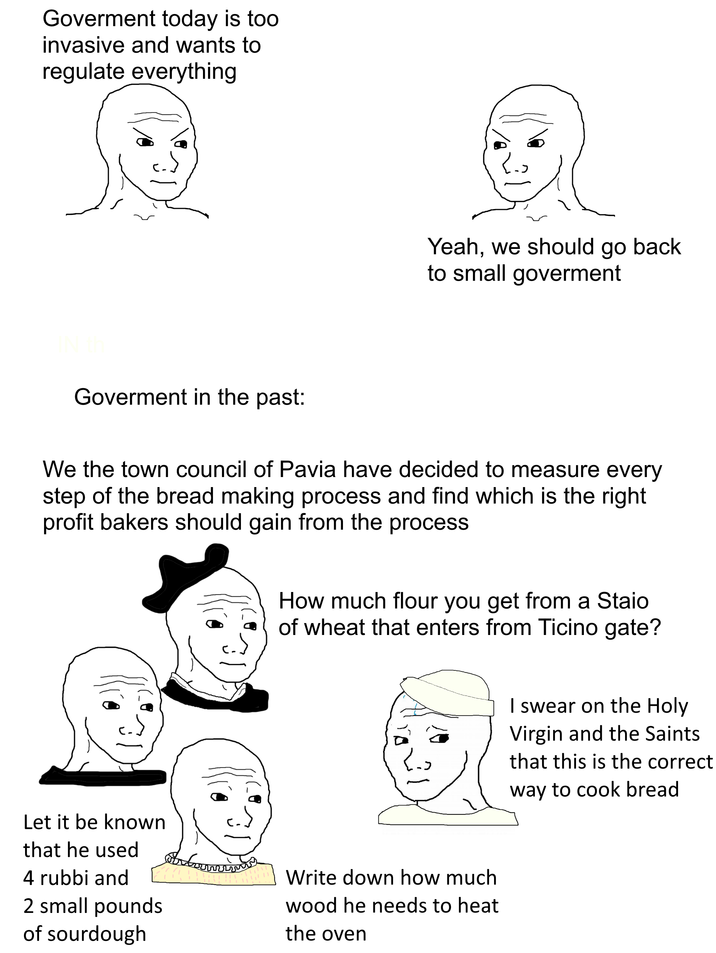 Goverment today is too invasive and wants to regulate everything Yeah, we should go back to small goverment Goverment in the past: We the town council of Pavia have decided to measure every step of the bread making process and find which is the right profit bakers should gain from the process How much flour you get from a Staio of wheat that enters from Ticino gate? Let it be known that he used 4 rubbi and 2 small pounds of sourdough Write down how much wood he needs to heat the oven I swear on the Holy Virgin and the Saints that this is the correct way to cook bread