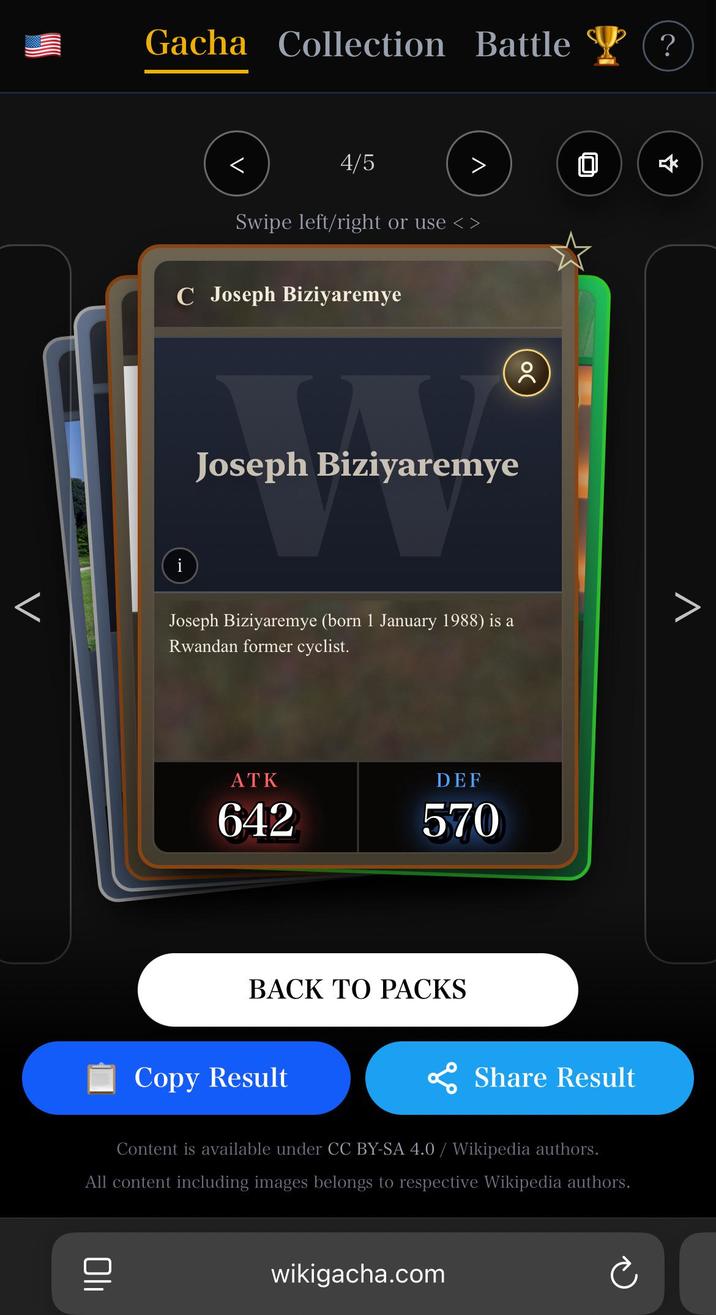 Gacha Collection Battle (? < 4/5 Swipe left/right or use <> C Joseph Biziyaremye i > Joseph Biziyaremye Joseph Biziyaremye (born 1 January 1988) is a Rwandan former cyclist. ATK DEF 642 570 BACK TO PACKS Copy Result Share Result Content is available under CC BY-SA 4.0/ Wikipedia authors. All content including images belongs to respective Wikipedia authors. סוי wikigacha.com *