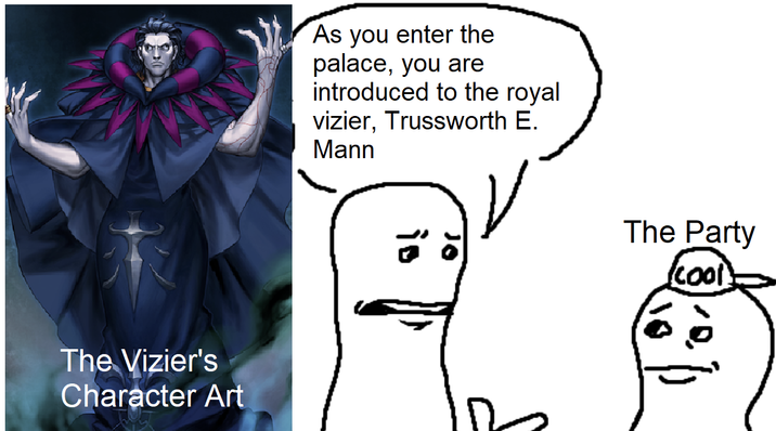 As you enter the palace, you are introduced to the royal vizier, Trussworth E. Mann The Vizier's Character Art io The Party (cool)
