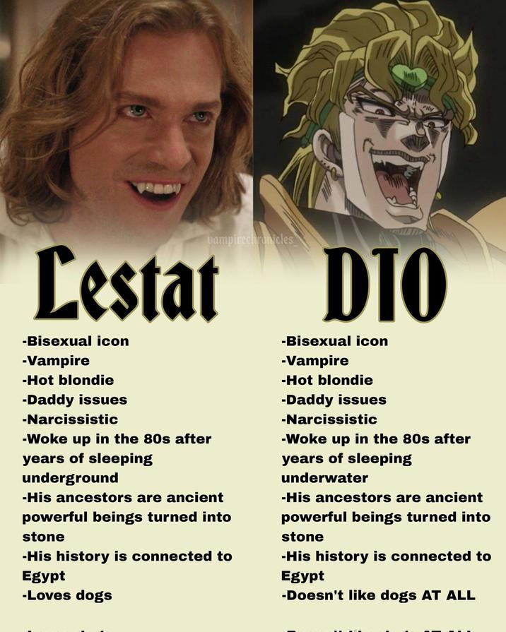 vampirechronicles Lestat -Bisexual icon -Vampire -Hot blondie -Daddy issues -Narcissistic -Woke up in the 80s after years of sleeping underground -His ancestors are ancient powerful beings turned into stone -His history is connected to Egypt -Loves dogs DIO -Bisexual icon -Vampire -Hot blondie -Daddy issues -Narcissistic -Woke up in the 80s after years of sleeping underwater -His ancestors are ancient powerful beings turned into stone -His history is connected to Egypt -Doesn't like dogs AT ALL