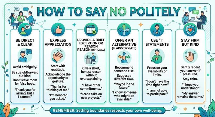° HOW TO SAY NO POLITELY 00 TH BE DIRECT & CLEAR EXPRESS APPRECIATION !!! PROVIDE A BRIEF EXCEPTION OR REASON REASON (OPTIONAL) OFFER AN ALTERNATIVE (IF APPROPRIATE) USE "1" STATEMENTS STAY FIRM BUT KIND Avoid ambiguity. Be straightforward but kind. Don't leave room for false hope. "Thank you for asking, but I I cannot." Start with gratitude. Acknowledge the opportunity or gesture. "Thanks for thinking of me." "I'm honored you asked." Give a short, honest reason without overexplaining. "I have other commitments." "I can't take on new projects." Recommend someone else. Suggest a different time. "Maybe in the future." "I know someone who might be available." Focus on your availability or limits. "I don't have the time right now." "I am not able to participate." Gently repeat your answer if pressured. Stay calm. "I hope you understand." "My answer remains the same." ° REMEMBER: Setting boundaries respects your own well-being.